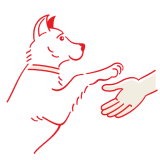 Schiță a unui câine care își întinde laba spre mâna deschisă a unei persoane