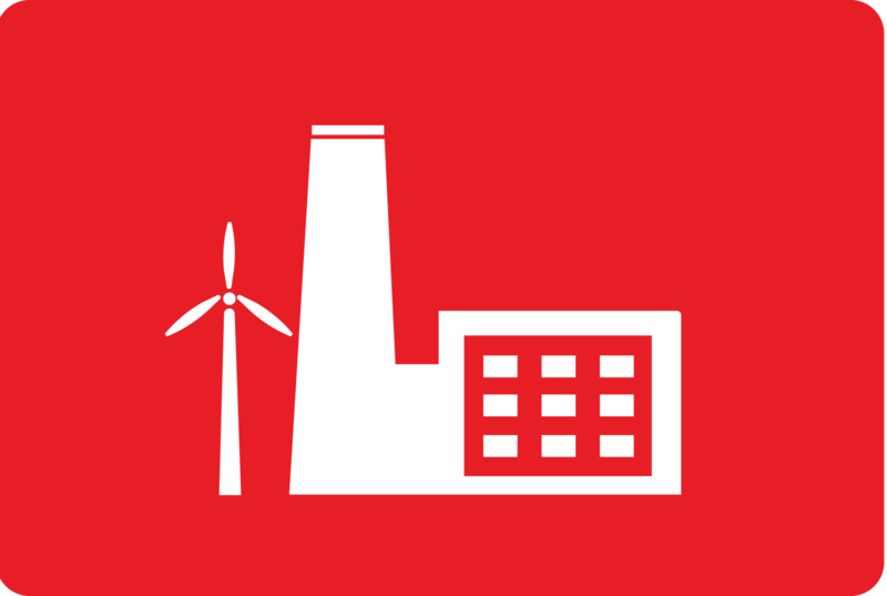 logo cu fabrică albă pe fundal roșu