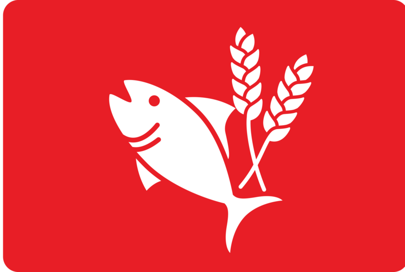 Logo sustenabilitate Purina cu boabe albe și pește pe fundal roșu