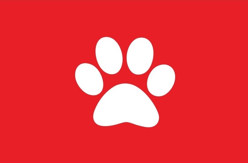Logo Purina are grijă de animalele de companie cu o lăbuță albă pe fundal roșu