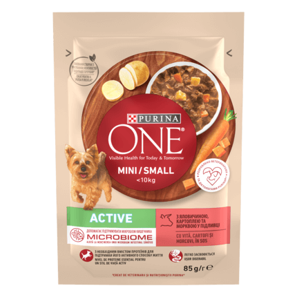 PURINA ONE MINI Active, cu vită, cartofi, și morcovi, în sos, hrană umedă pentru câini,