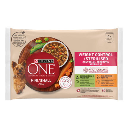 PURINA ONE MINI Weight Control/Sterilised, cu curcan, morcovi, și mazăre / cu pui, orez brun, și roșii, în sos, hrană umedă p