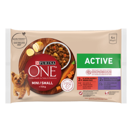 PURINA ONE MINI Active, cu vită, cartofi, și morcovi / cu rață, paste, și fasole verde, în sos, hrană umedă pentru câini