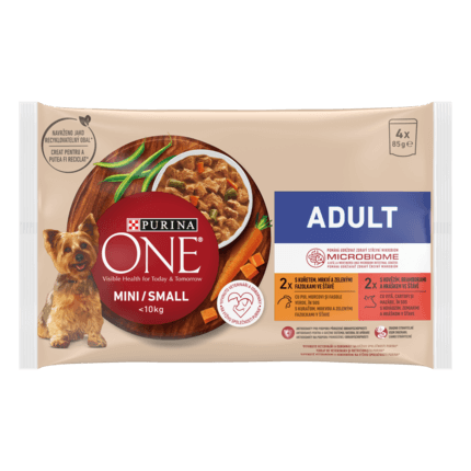 PURINA ONE MINI Adult, cu pui, morcovi, și fasole verde / cu vită, cartofi, și mazăre, în sos, hrană umedă pentru câini