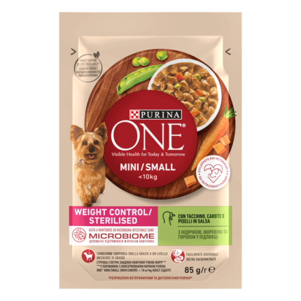 PURINA ONE MINI Weight Control/Sterilised, cu curcan, morcovi, și mazăre, în sos, hrană umedă pentru câini