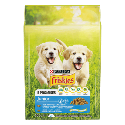 FRISKIES JUNIOR, cu pui, legume și lapte, hrană uscată pentru câini