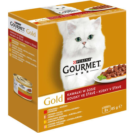 GOURMET GOLD bucăți în sos cu vită, curcan&rață, somon&pui, pui&ficat, hrană umedă completă pentru pisici