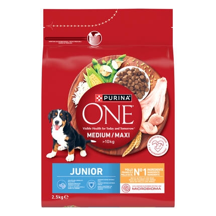 PURINA ONE MEDIUM/MAXI Junior pui si orez formula complexa de nutrienti.