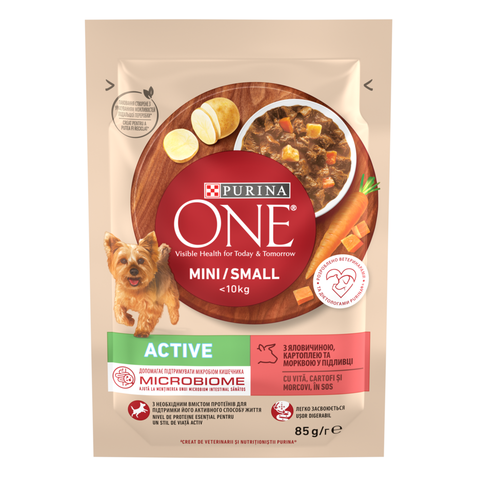 PURINA ONE MINI Active, cu vită, cartofi, și morcovi, în sos, hrană umedă pentru câini,