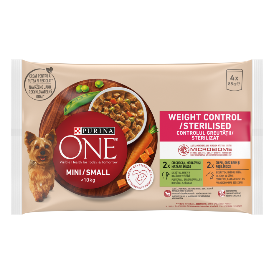 PURINA ONE MINI Weight Control/Sterilised, cu curcan, morcovi, și mazăre / cu pui, orez brun, și roșii, în sos, hrană umedă p