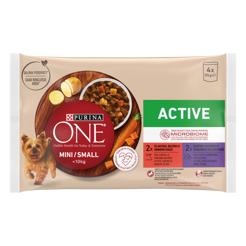 PURINA ONE MINI Active, cu vită, cartofi, și morcovi / cu rață, paste, și fasole verde, în sos, hrană umedă pentru câini