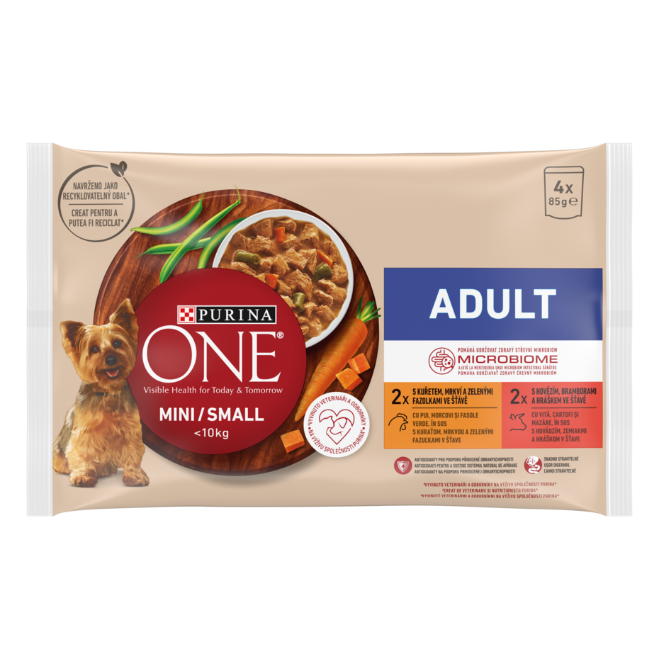 PURINA ONE MINI Adult, cu pui, morcovi, și fasole verde / cu vită, cartofi, și mazăre, în sos, hrană umedă pentru câini