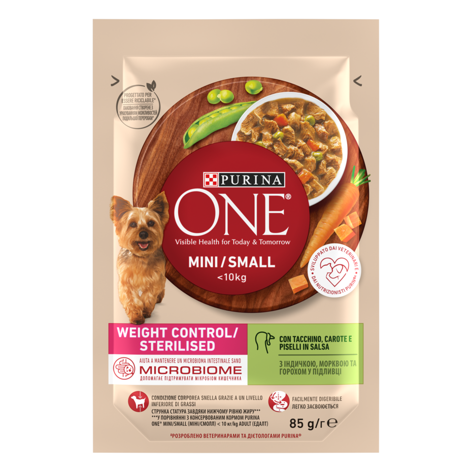 PURINA ONE MINI Weight Control/Sterilised, cu curcan, morcovi, și mazăre, în sos, hrană umedă pentru câini