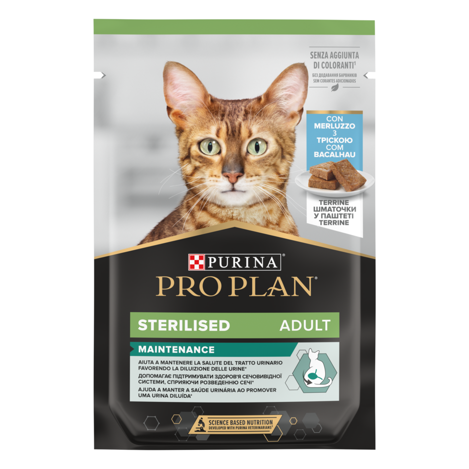 PURINA® PRO PLAN® Adult STERILISED MAINTENANCE Terină cu cod, hrană umedă completă pentru pisici adulte sterilizate