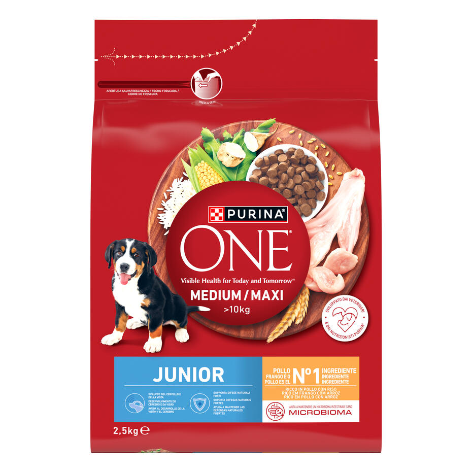 PURINA ONE MEDIUM/MAXI Junior pui si orez formula complexa de nutrienti.