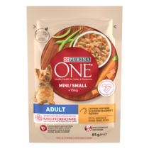 PURINA ONE MINI Adult, cu pui, morcovi, și fasole verde, în sos, hrană umedă pentru câini, 85 g