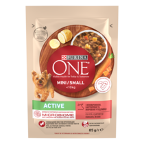 PURINA ONE MINI Active, cu vită, cartofi, și morcovi, în sos, hrană umedă pentru câini,