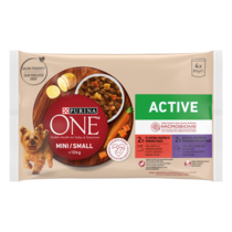 PURINA ONE MINI Active, cu vită, cartofi, și morcovi / cu rață, paste, și fasole verde, în sos, hrană umedă pentru câini