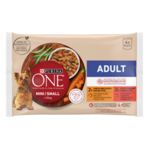 PURINA ONE MINI Adult, cu pui, morcovi, și fasole verde / cu vită, cartofi, și mazăre, în sos, hrană umedă pentru câini