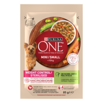 PURINA ONE MINI Weight Control/Sterilised, cu curcan, morcovi, și mazăre, în sos, hrană umedă pentru câini