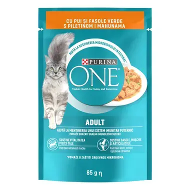 PURINA ONE® ADULT, mini fileuri cu Pui și Fasole Verde în sos, hrană umedă pentru pisici