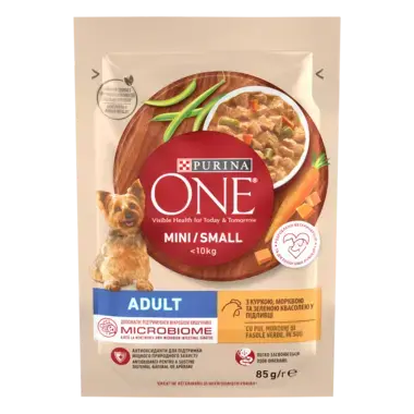 PURINA ONE MINI Adult, cu pui, morcovi, și fasole verde, în sos, hrană umedă pentru câini, 85 g