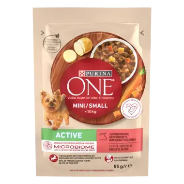 PURINA ONE MINI Active, cu vită, cartofi, și morcovi, în sos, hrană umedă pentru câini,