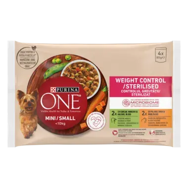 PURINA ONE MINI Weight Control/Sterilised, cu curcan, morcovi, și mazăre / cu pui, orez brun, și roșii, în sos, hrană umedă p