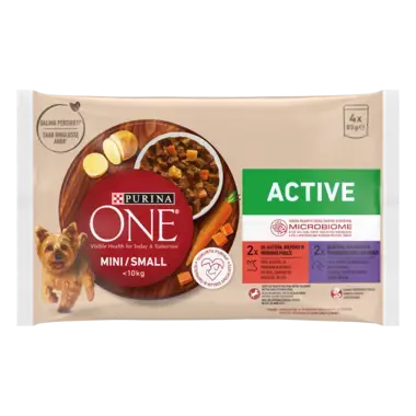 PURINA ONE MINI Active, cu vită, cartofi, și morcovi / cu rață, paste, și fasole verde, în sos, hrană umedă pentru câini