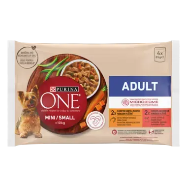 PURINA ONE MINI Adult, cu pui, morcovi, și fasole verde / cu vită, cartofi, și mazăre, în sos, hrană umedă pentru câini