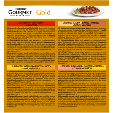 GOURMET GOLD bucăți în sos cu vită, curcan&rață, somon&pui, pui&ficat, hrană umedă completă pentru pisici