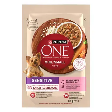 PURINA ONE MINI Sensitive cu somon, orez și morcovi, în sos, hrană umedă pentru câini.