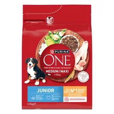 PURINA ONE MEDIUM/MAXI Junior pui si orez formula complexa de nutrienti.
