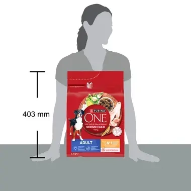 PURINA ONE® MEDIUM/MAXI Adult cu Pui si Orez disponibil in cantitatea de 2,5 kg.